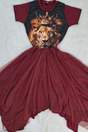 Vestido Leão coroa - Saia tule glitter - Busto Estampado
